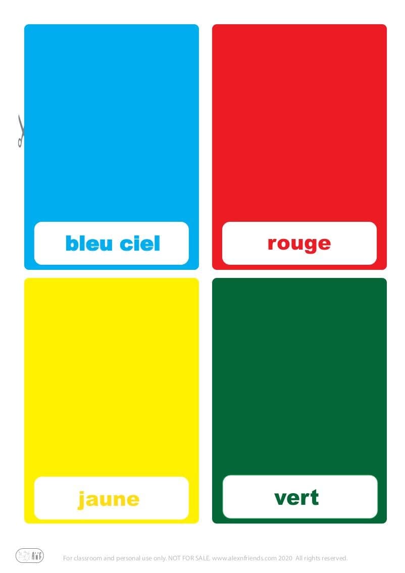 Free printable flash cards for kids. Learning colors in french light blue, red, yellow, green