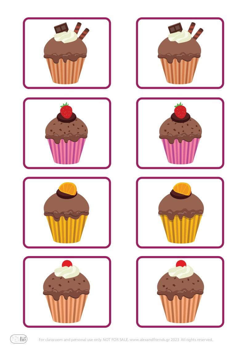 Memory card matching game for children toddlers. Cup cakes. Free printables.