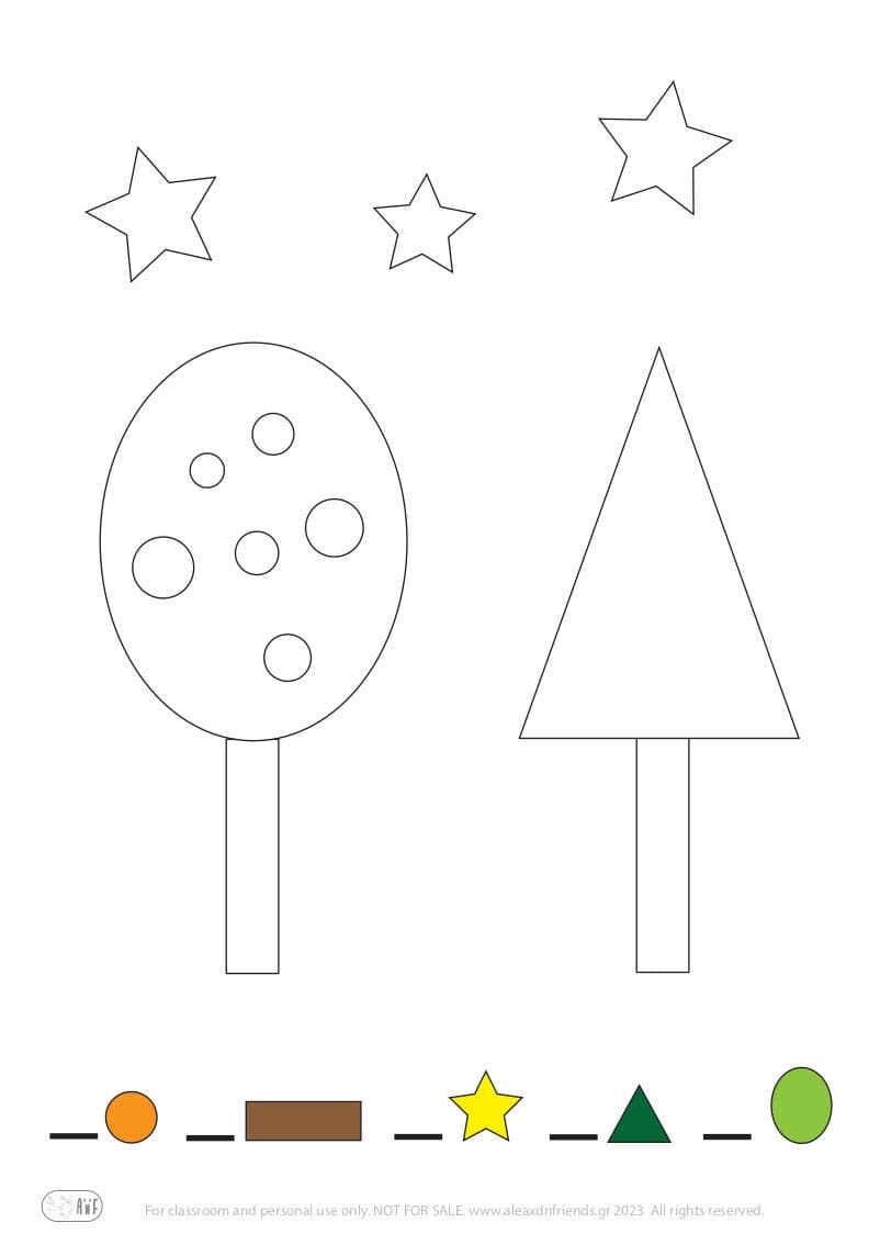 Learning shapes for toddlers. Learning colors for kids. Worksheets. Free printables. Trees. Stars.